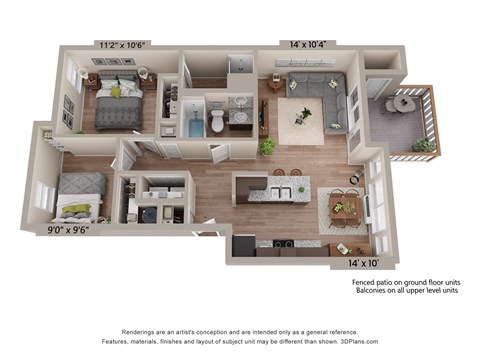 A 3D floor plan of an apartment with dimensions and features listed.